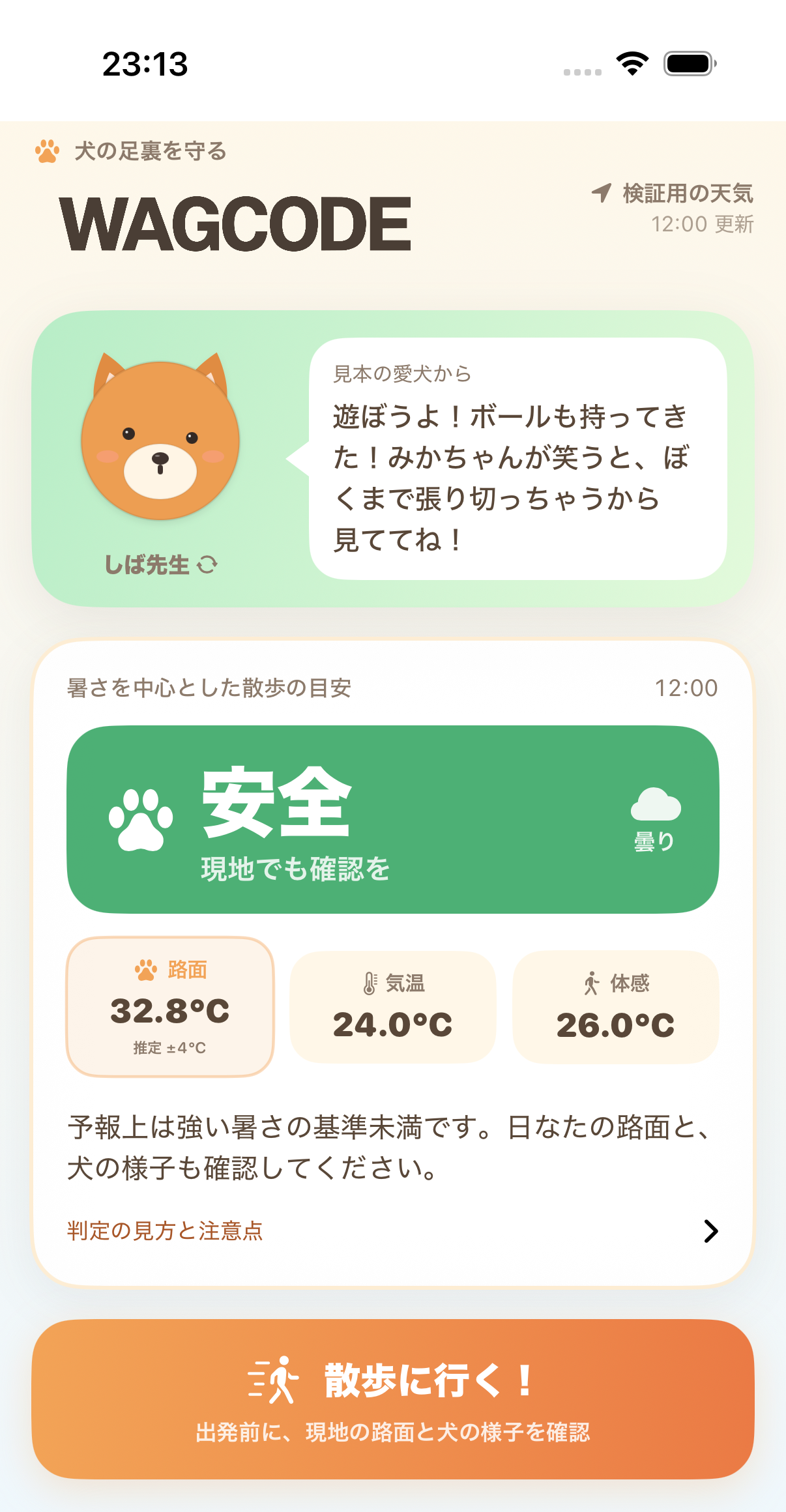 散歩前の天気と路面温度の画面例(検証用データ)