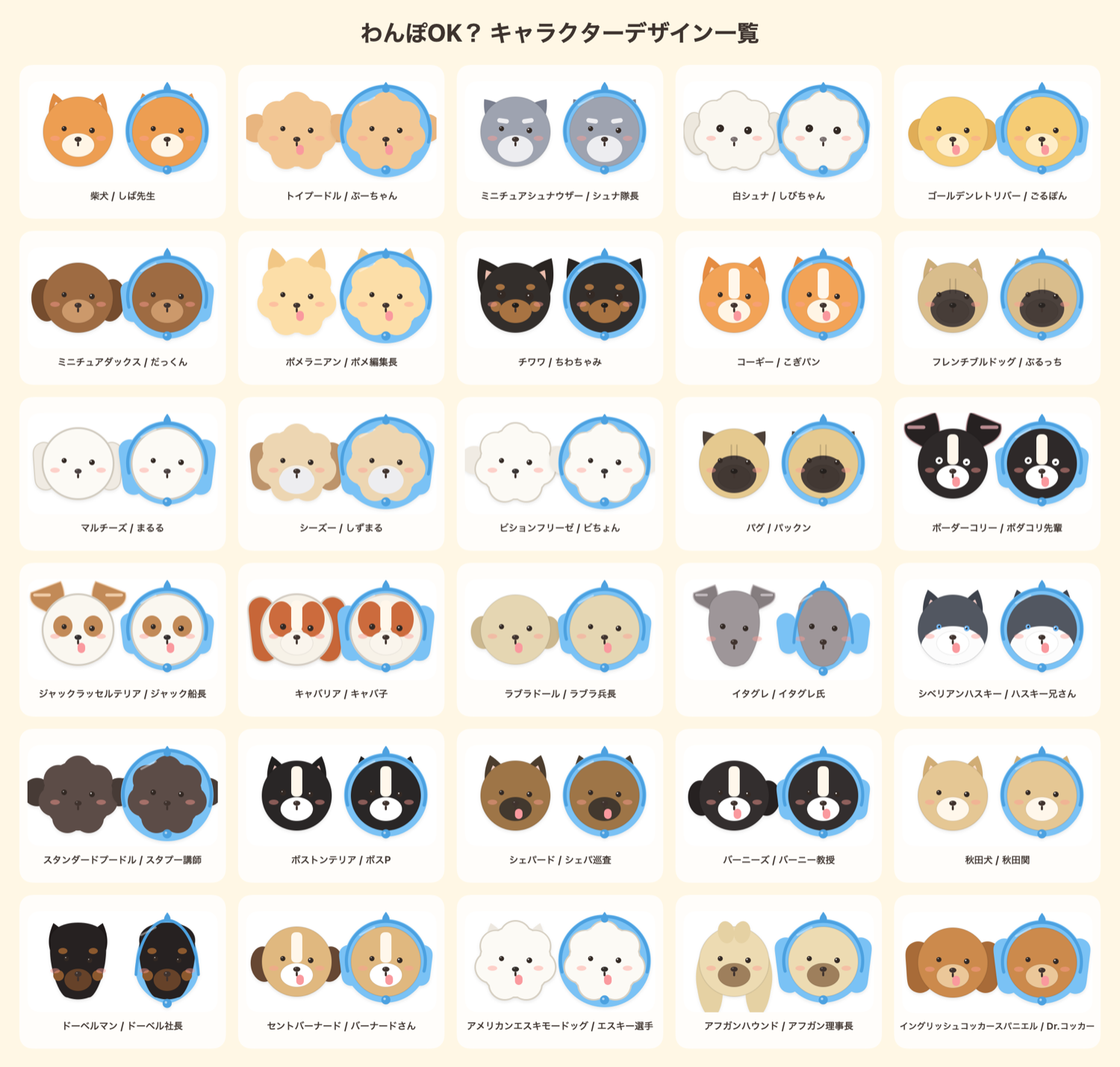 選べるさまざまな犬種のキャラクター一覧